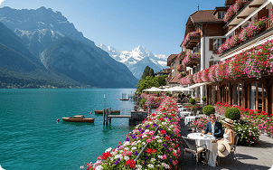 Flowers and lake view
